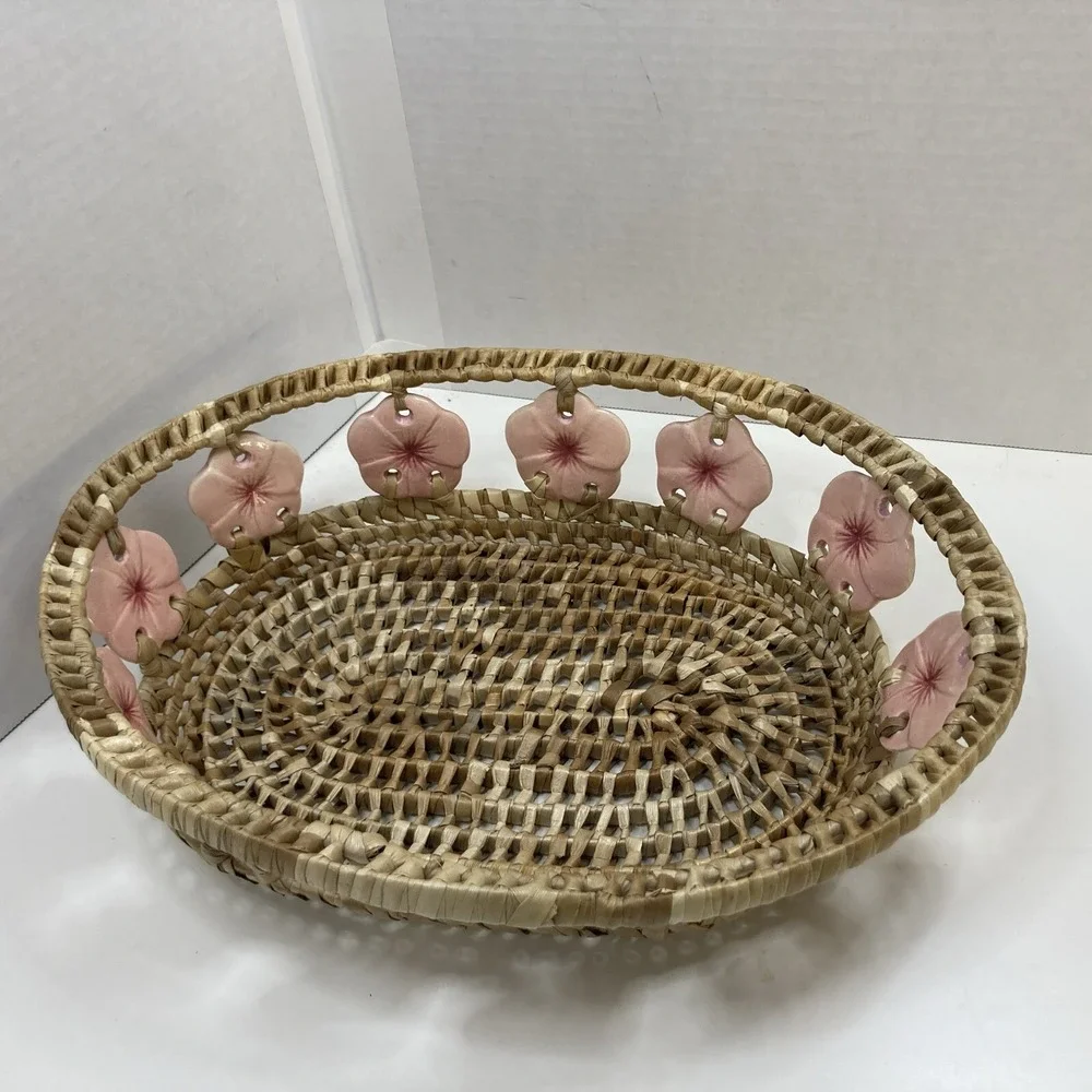 Rare Vintage Woven‎ Raffia Market With Porcelain Hibiscus Flower Adornment 11'